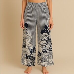 Mlle Gabrielle Size L Black and White Stripped Floral Pants